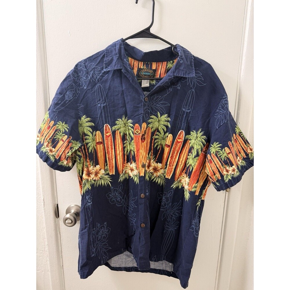 Hawaiian Reserve Collection Blue Mens Button Up Shirt XL Surfing Palm Trees